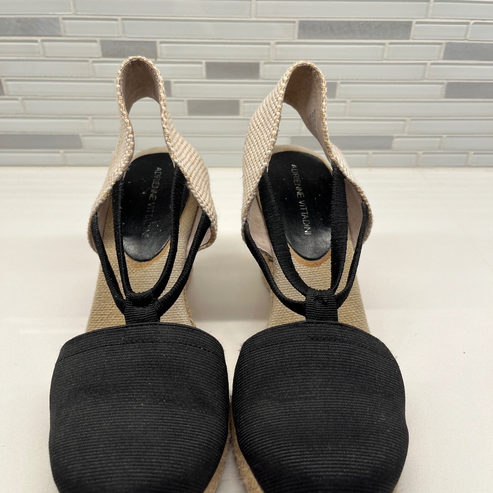 Size 7 black rope covered wedge with cloth heel strap